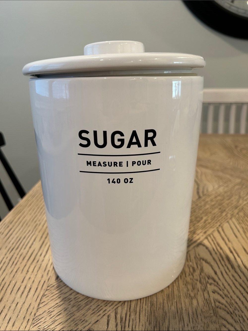 West Elm White Ceramic Sugar Canister with Black Text